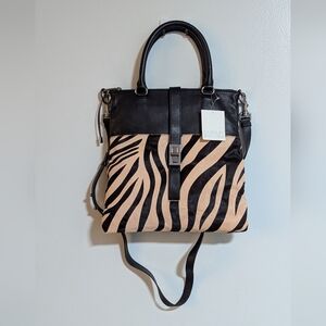 NWT Badgley Mischka Anabelle Nappa Leather Calf Hair Zebra Print Black Tan Purse